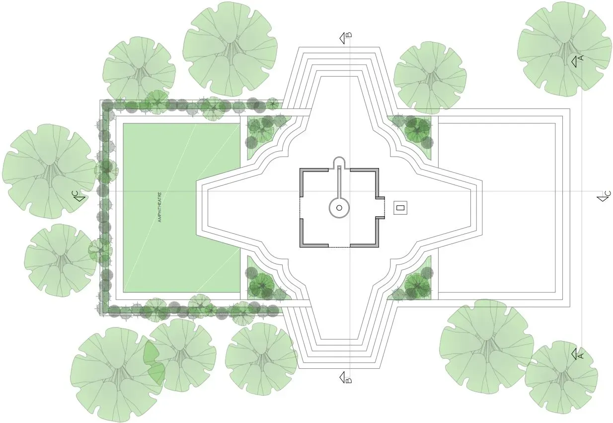 Floor plan of the Shiva Temple showing the amphitheatre and mandapa