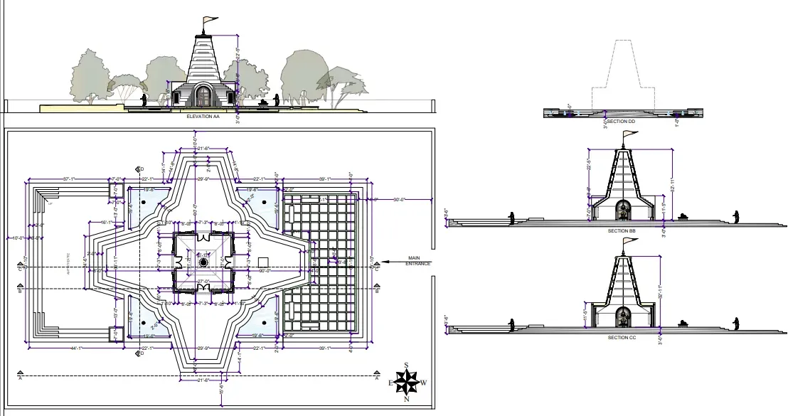 Technical drawings and sections of the Shiva Temple