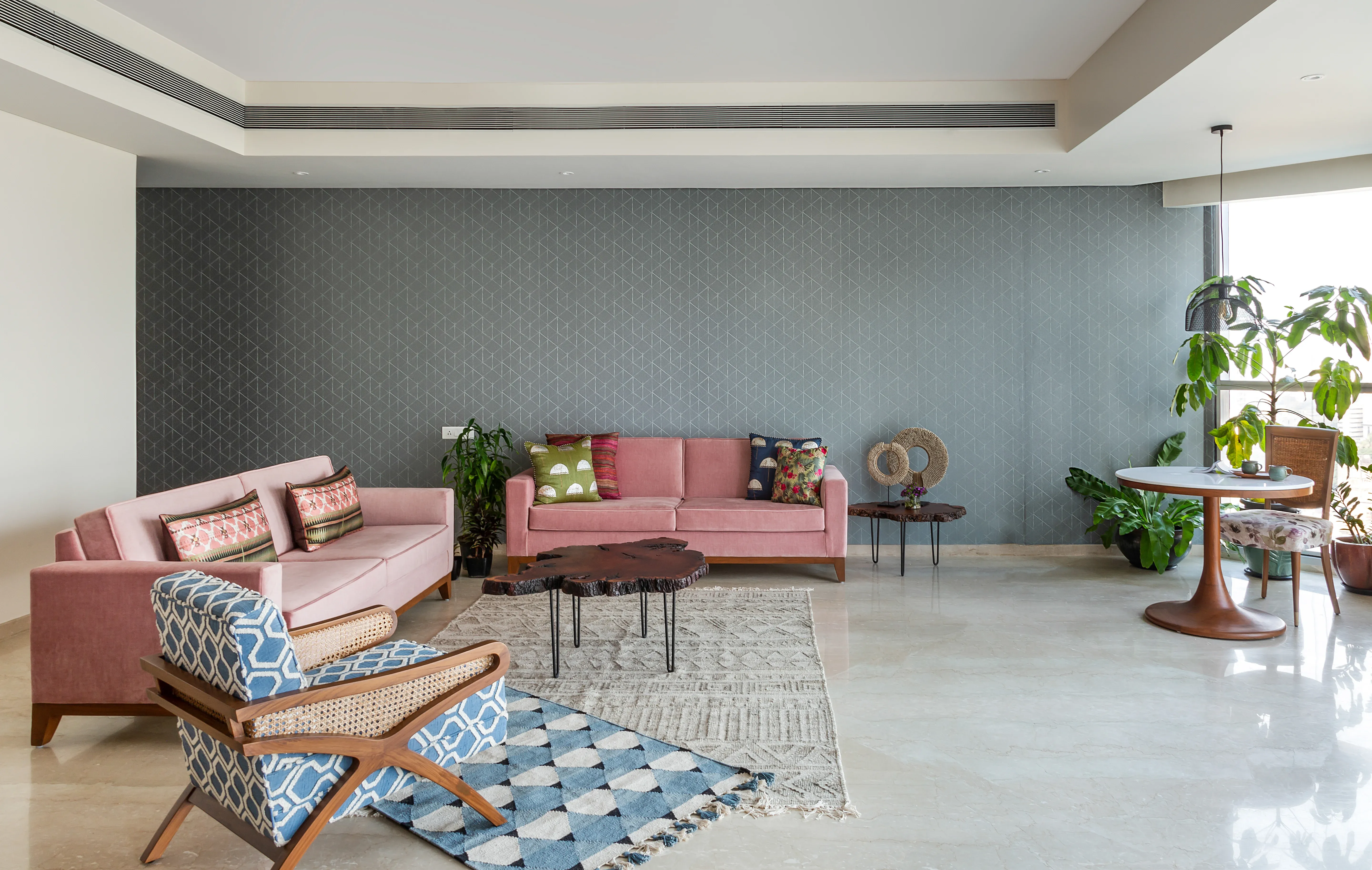 The hallway with teak panelling at the mid-century apartment