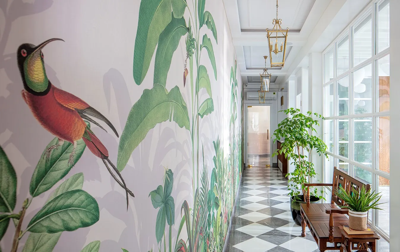 Botanical corridor with chequered floor