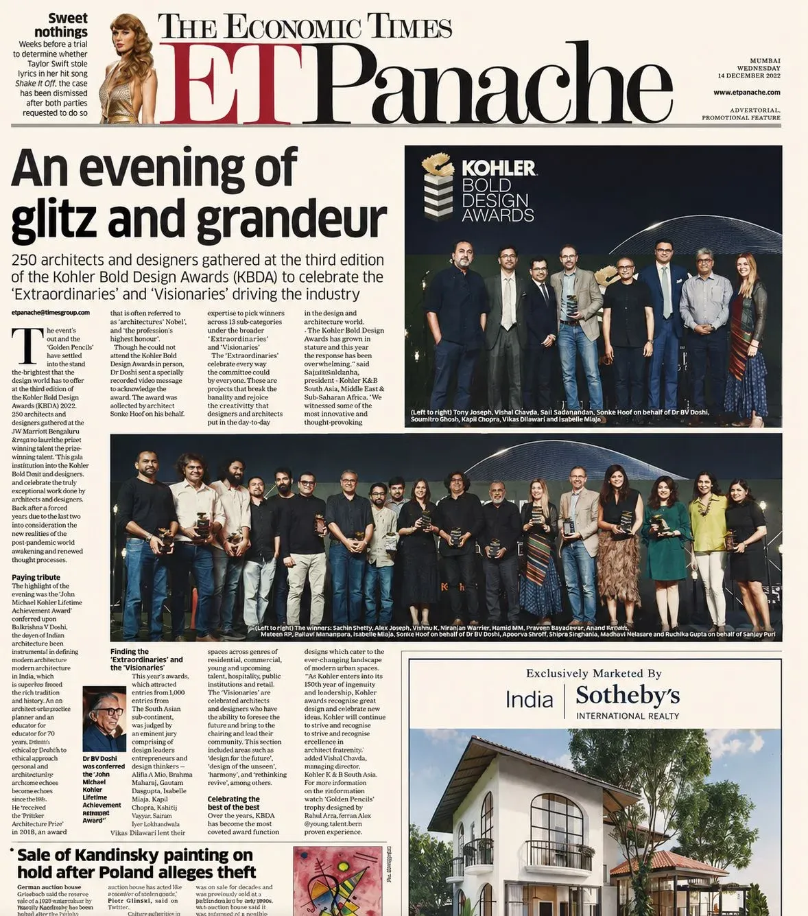 ET Panache page on the Kohler Bold Design Awards 2022, with Sonia Gehlot among the winners
