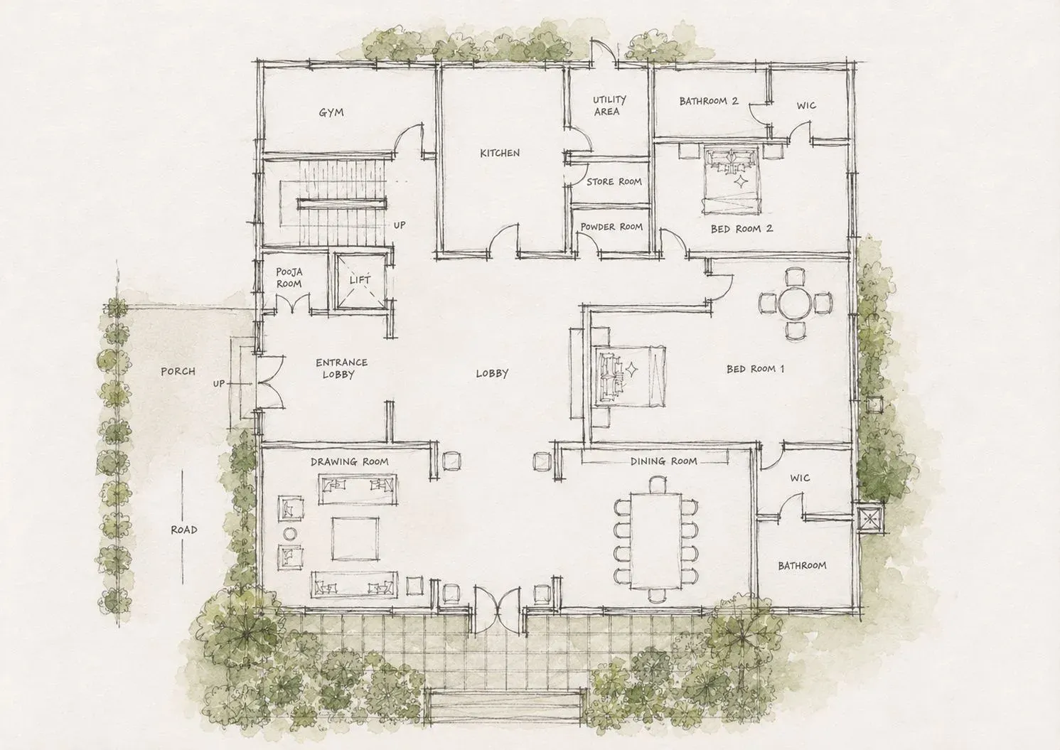 A hand-drawn watercolour site plan: house, garden, spa and hammock under the trees